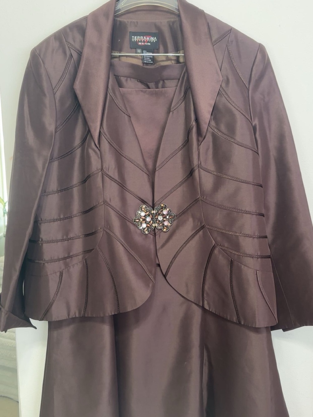 Terramina Brown Satin Blazer with Jeweled Clasp